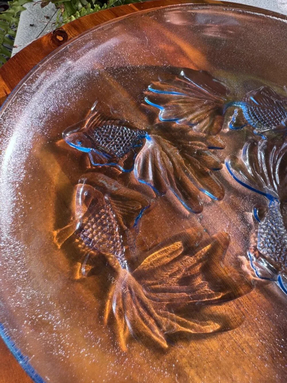 Vintage Pasari Blue Glass Plates with Koi Fish / Lobsters
